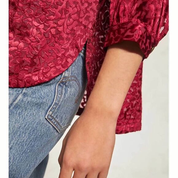 Anthropologie Burgundy Burnout Floral Velvet Buttondown Shirt Size XL NWT - Picture 12 of 12